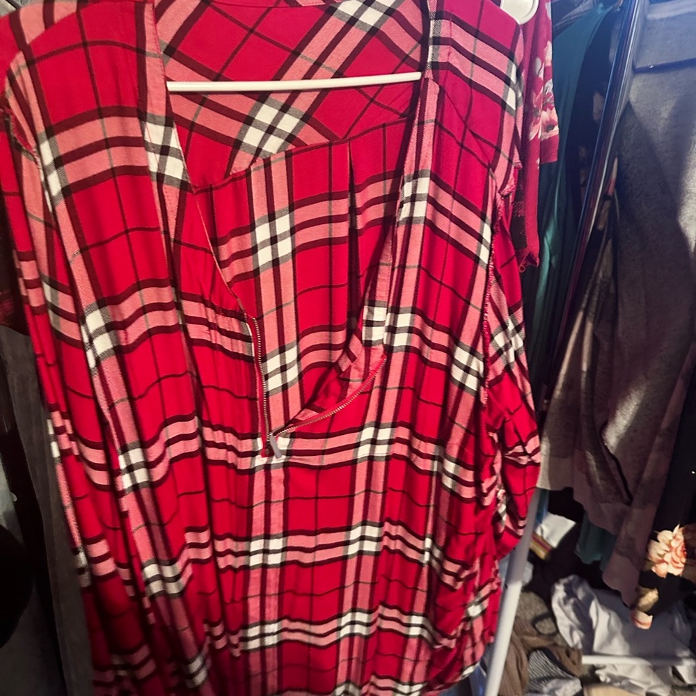 Plaid top with three quarter length zip in front